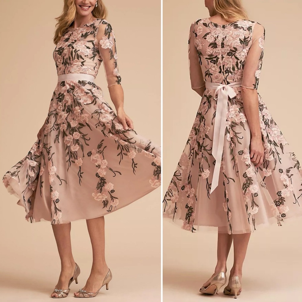Anthropologie BHLDN Linden Floral Embroidered Dress in Pink Cream